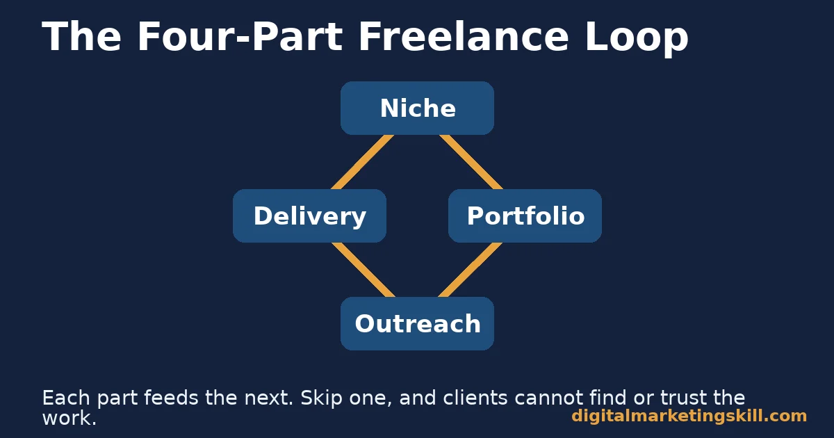 Freelance writer diagram showing niche, portfolio, outreach and delivery connected in a repeating loop