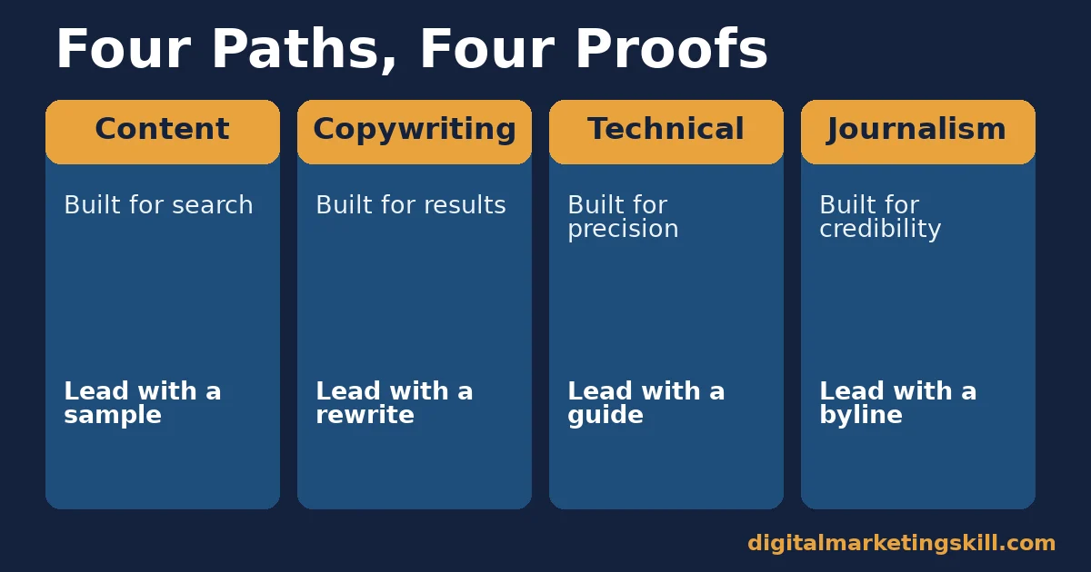 Freelance writer paths compared across content, copywriting, technical and journalism writing, each with what it is built for and how to lead with it