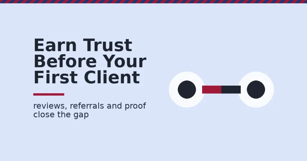 Freelancing for beginners shown as two circles, a freelancer and a client, connected by a bar with a crimson gap representing the trust still to be earned