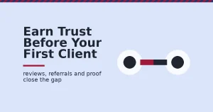 Freelancing for beginners shown as two circles, a freelancer and a client, connected by a bar with a crimson gap representing the trust still to be earned