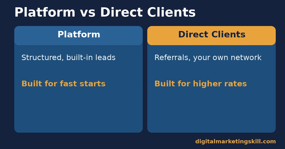 Comparison for freelancing for beginners of platform freelancing, built for fast structured starts, against direct-client freelancing, built for higher rates through referrals