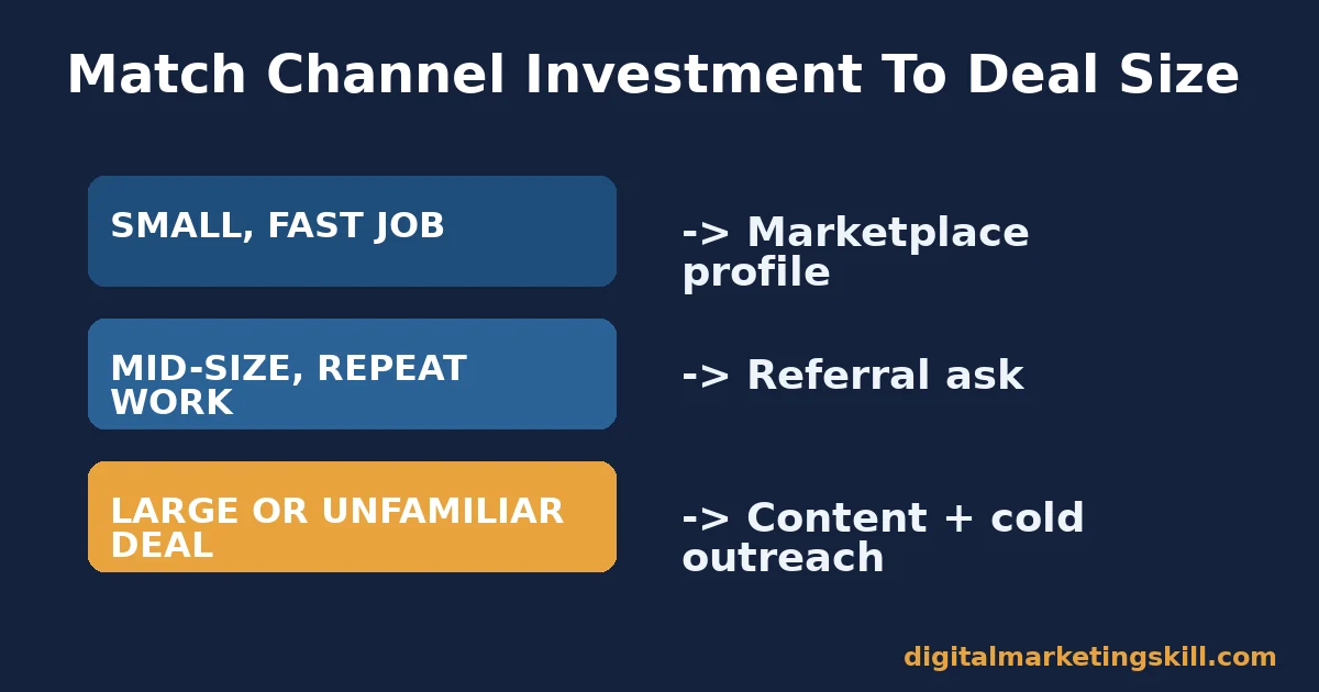 Flow diagram matching small, mid-size, and large freelance deals to marketplaces, referrals, and content outreach