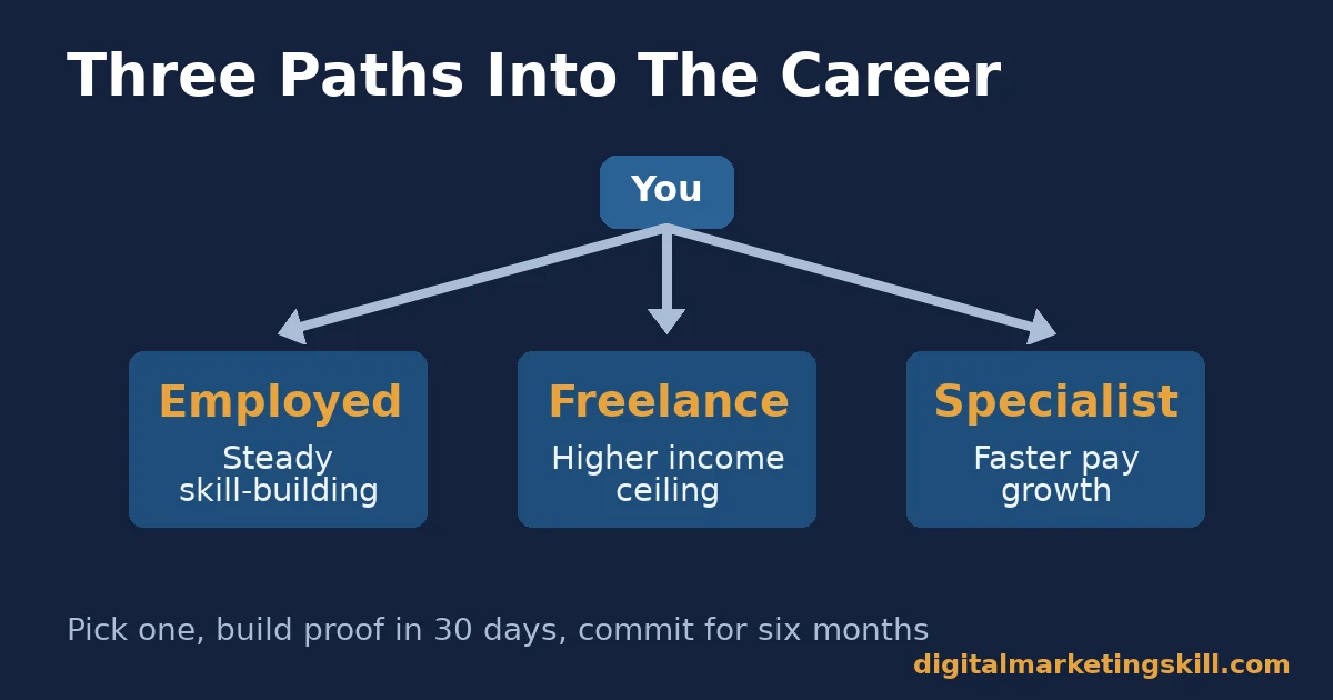 Diagram showing three paths into a good digital marketing career: employed, freelance and specialist