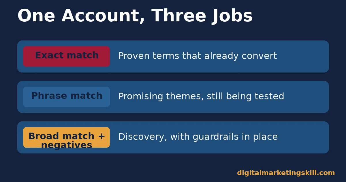 Diagram showing exact match for proven terms, phrase match for promising themes, and broad match with negatives for discovery, layered in one account