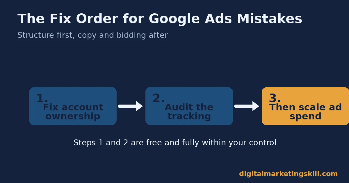 Google Ads mistakes decision flow showing three steps: fix account ownership, audit the tracking, then scale ad spend