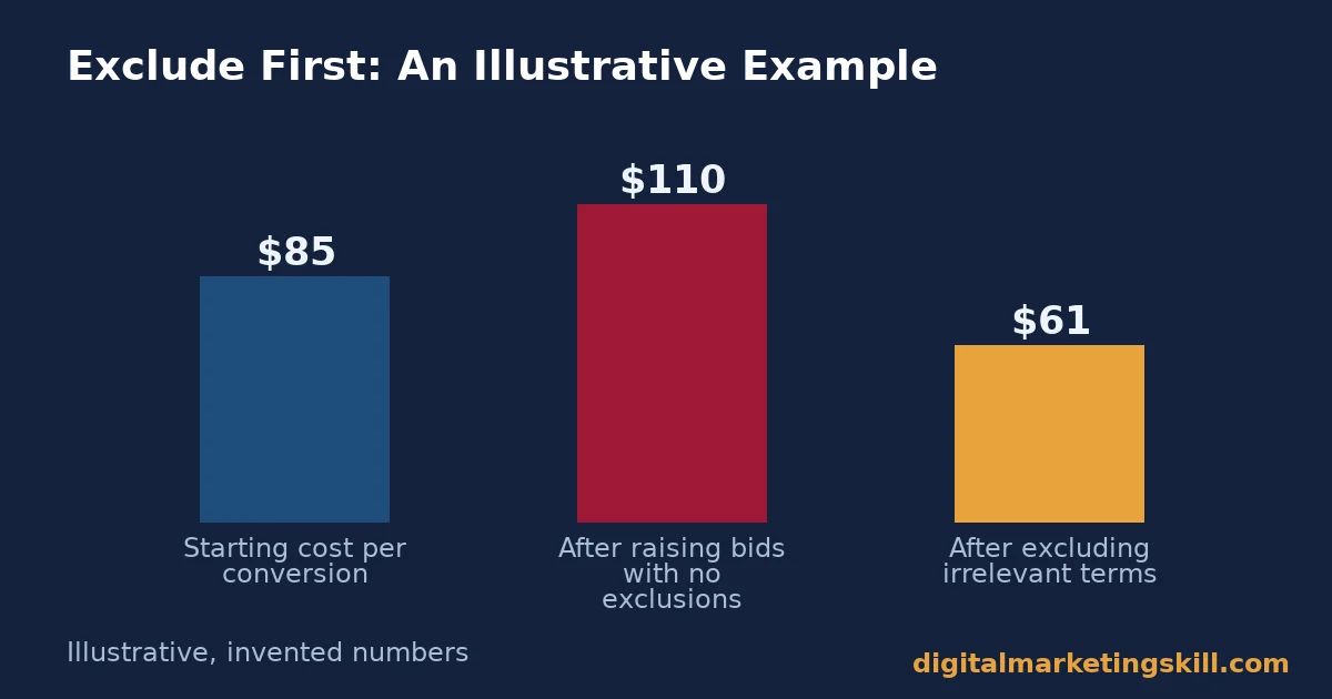 Google Ads optimization illustrative cost example Google Ads optimization bar chart with illustrative invented numbers showing cost per conversion starting at 85 dollars, rising to 110 after bid increases with no exclusions, then falling to 61 dollars after excluding irrelevant search terms