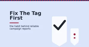Two map-pin shapes for Google Analytics campaign tracking: one verified with a dark checkmark, one flagged as unidentified with a crimson marker