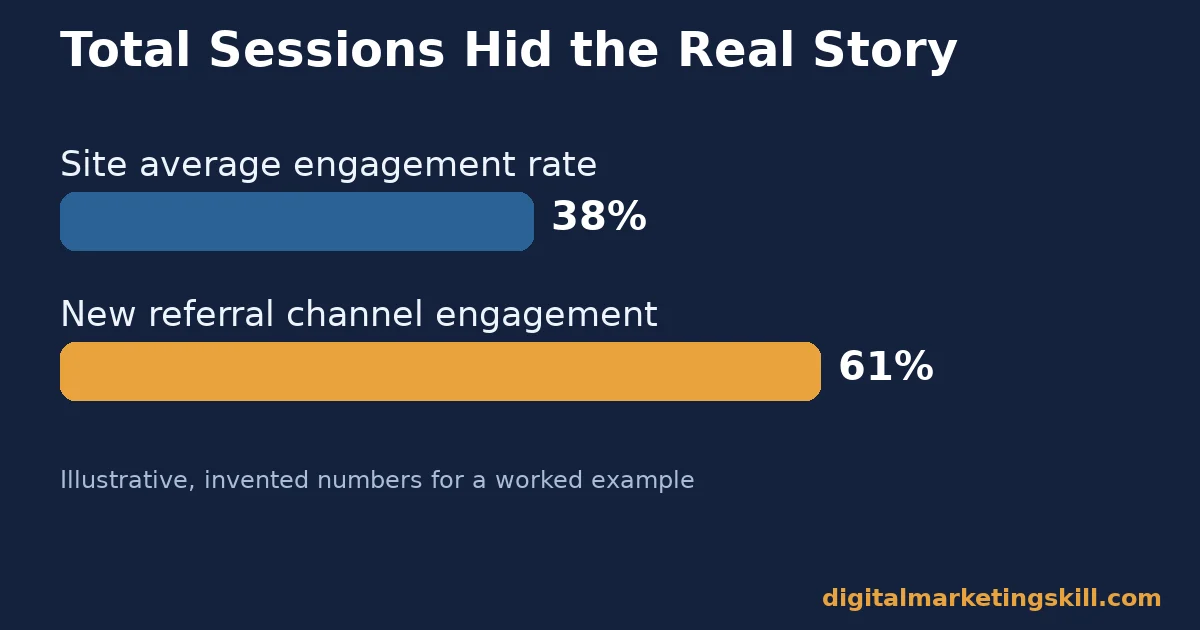 Bar chart comparing site average engagement rate of 38 percent with a new referral channel engagement rate of 61 percent, illustrative invented numbers