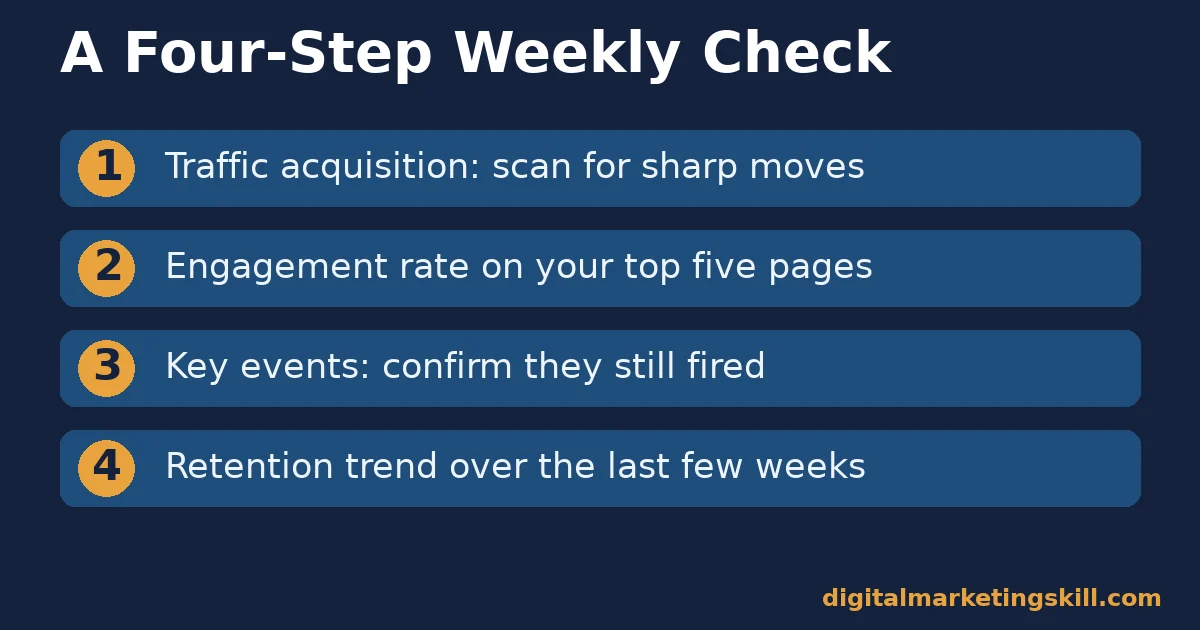 Four-step checklist for a weekly Google Analytics reports check: traffic acquisition, engagement rate, key events, retention trend