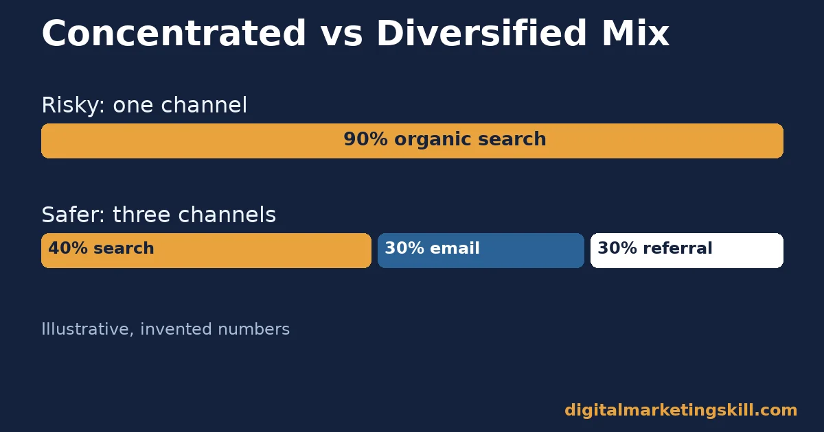 Bar chart comparing a risky traffic mix concentrated in one channel against a safer mix spread across three channels