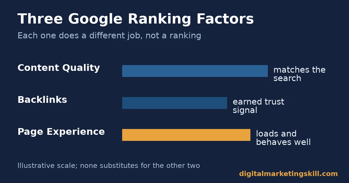 Comparison chart of content quality, backlinks, and page experience as Google ranking factors