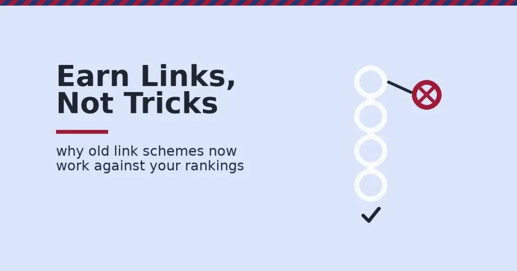 Illustration of Google ranking factors showing a chain of earned links with one broken, rejected paid link