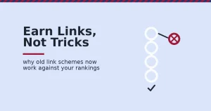 Illustration of Google ranking factors showing a chain of earned links with one broken, rejected paid link