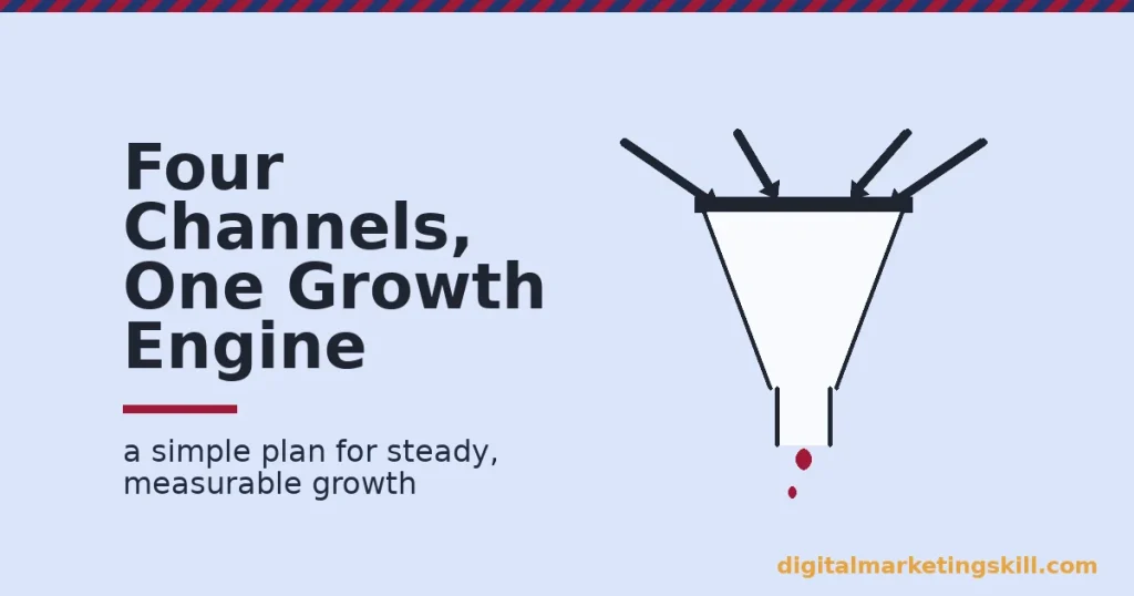Illustration for how to grow your business with digital marketing, showing four channels feeding one funnel with a leak fixed at the base