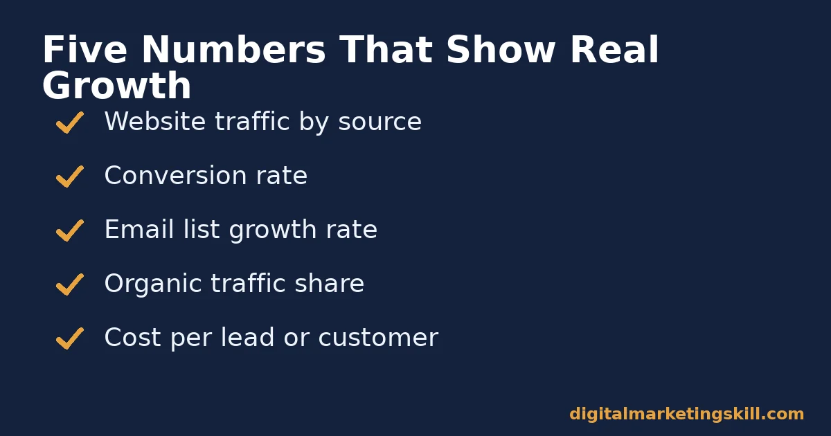 Checklist of five metrics to grow your business with digital marketing: website traffic by source, conversion rate, email list growth rate, organic traffic share, and cost per lead or customer