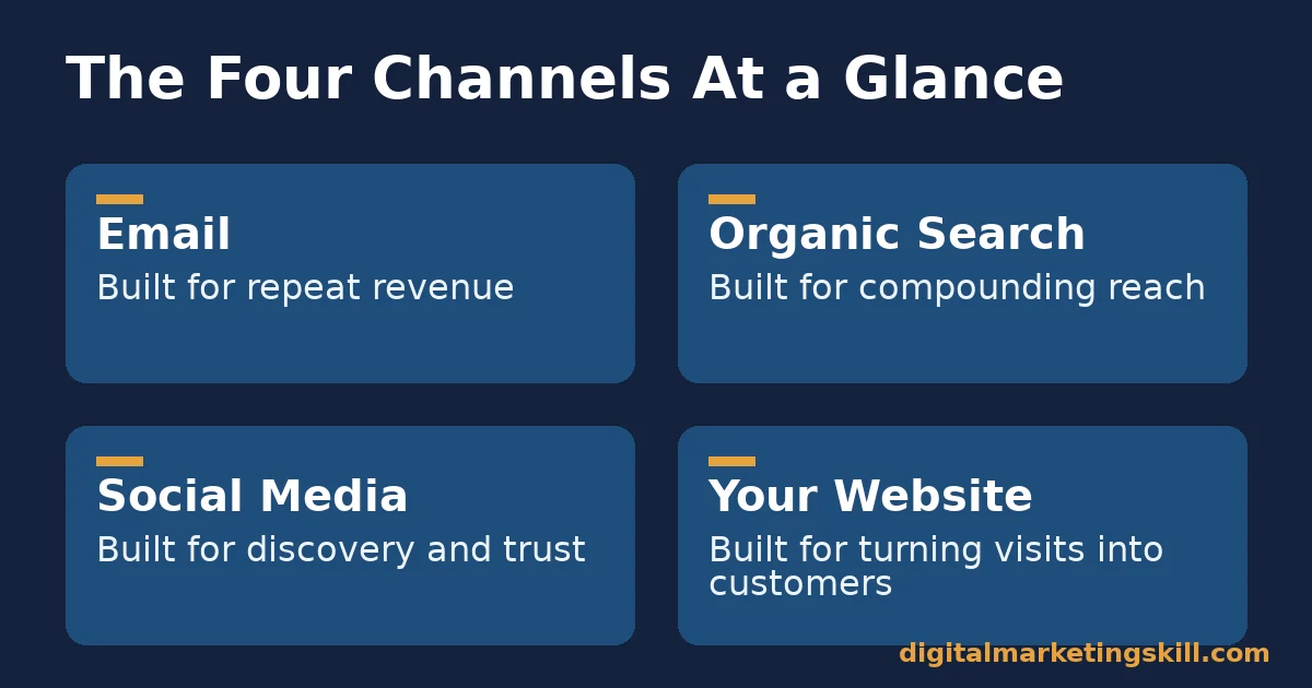 Diagram showing how to grow your business with digital marketing through email, organic search, social media and your website, each labelled with what it is built for