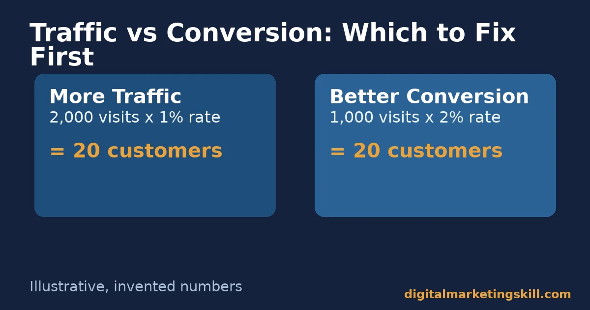 Illustrative, invented comparison showing that doubling website traffic and doubling conversion rate both produce 20 customers from an original 10, used to grow your business with digital marketing