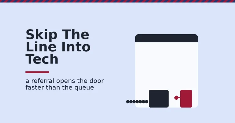 How to get into tech illustrated as a referral door that opens faster than the long application queue