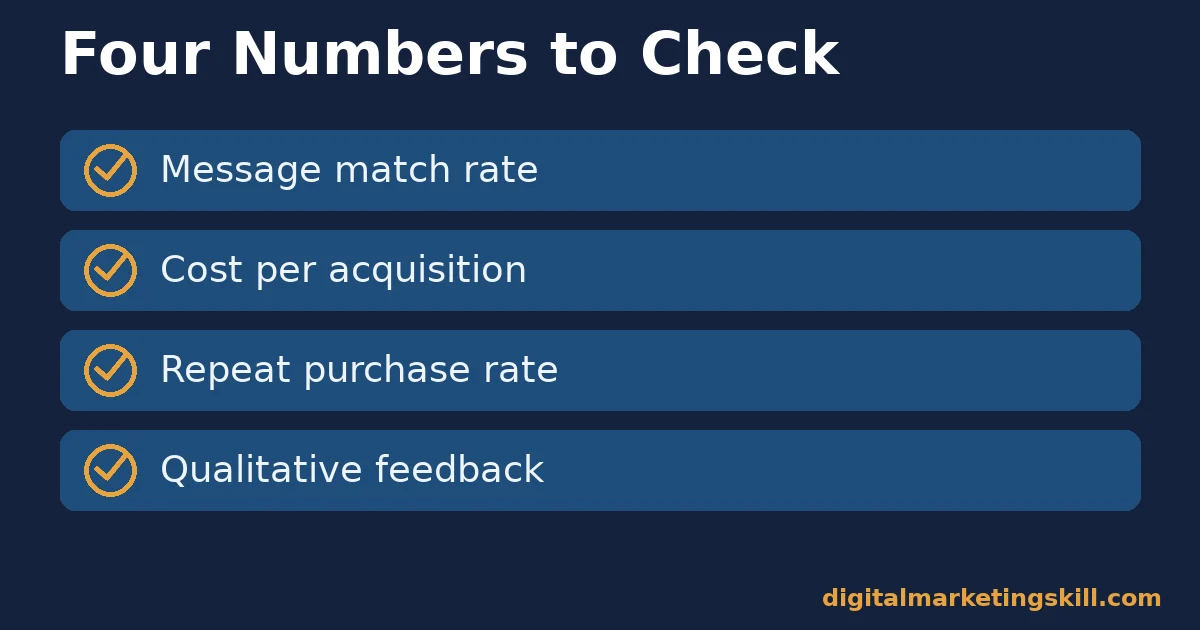 Checklist of four numbers to measure whether you correctly identify your target audience: message match rate, cost per acquisition, repeat purchase rate and qualitative feedback