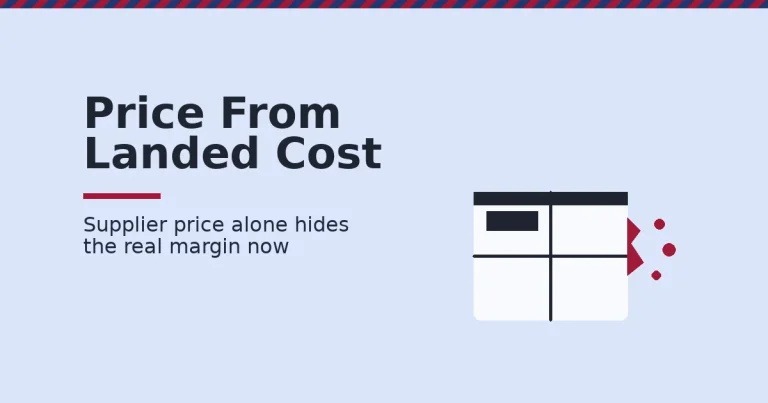 Illustration of an import and resell business landed-cost leak, money escaping a shipping box
