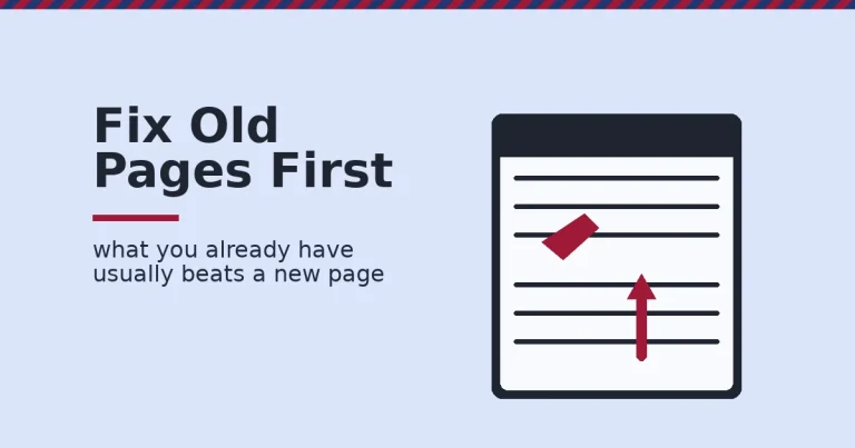 Improving website content shown as an old page being repaired, with a crack sealed and an arrow pointing up