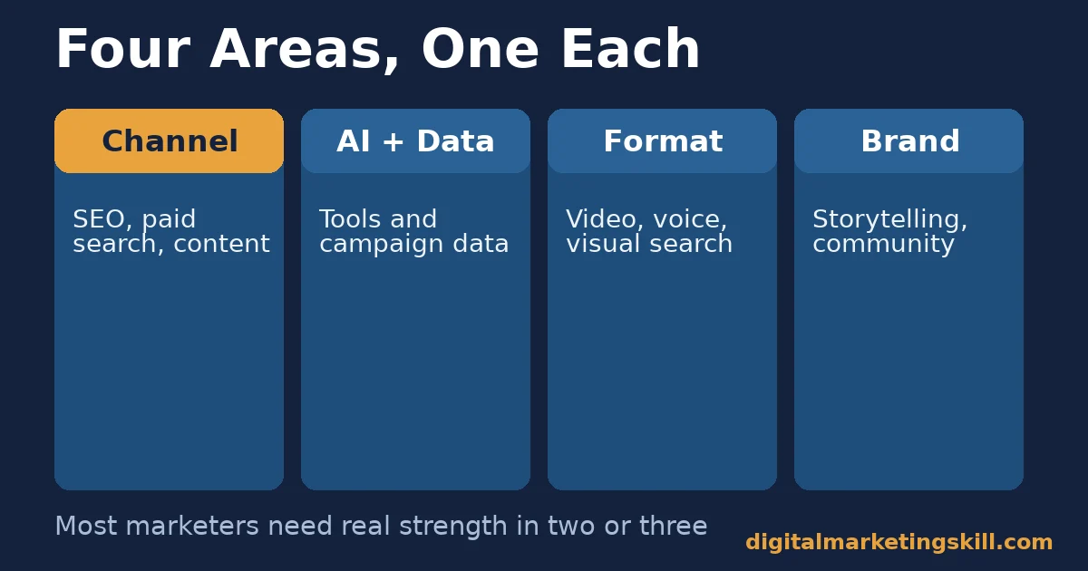 In-demand digital marketing skills grouped into four areas: channel, AI and data, format, and brand