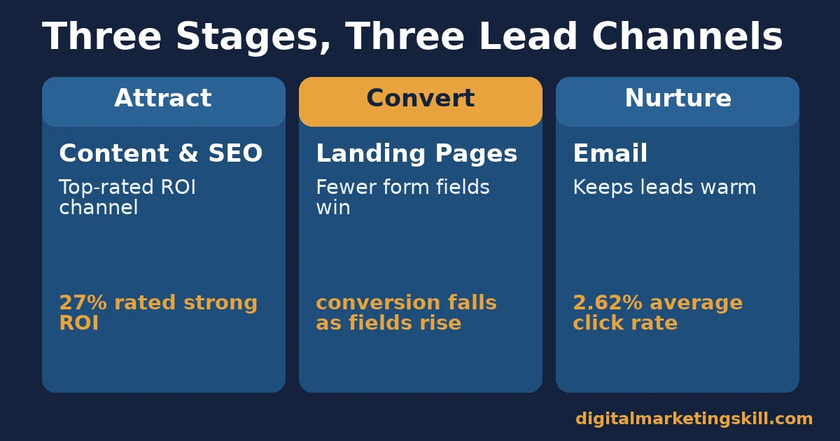 Inbound marketing strategy comparison of attract, convert and nurture stages mapped to content and SEO, landing pages and email