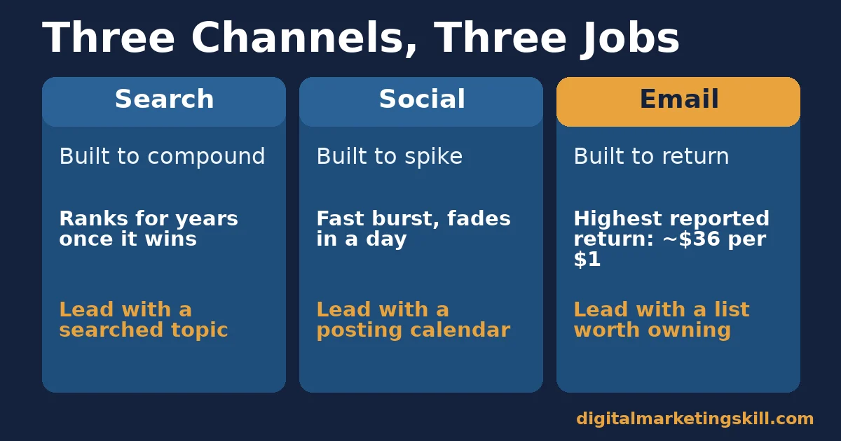 Three-column comparison of search, social and email channels and what each is built to do to increase blog traffic