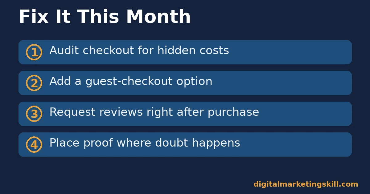 A checklist to increase business sales this month Increase business sales checklist with four steps: audit checkout for hidden costs, add guest checkout, request reviews, place proof where doubt happens