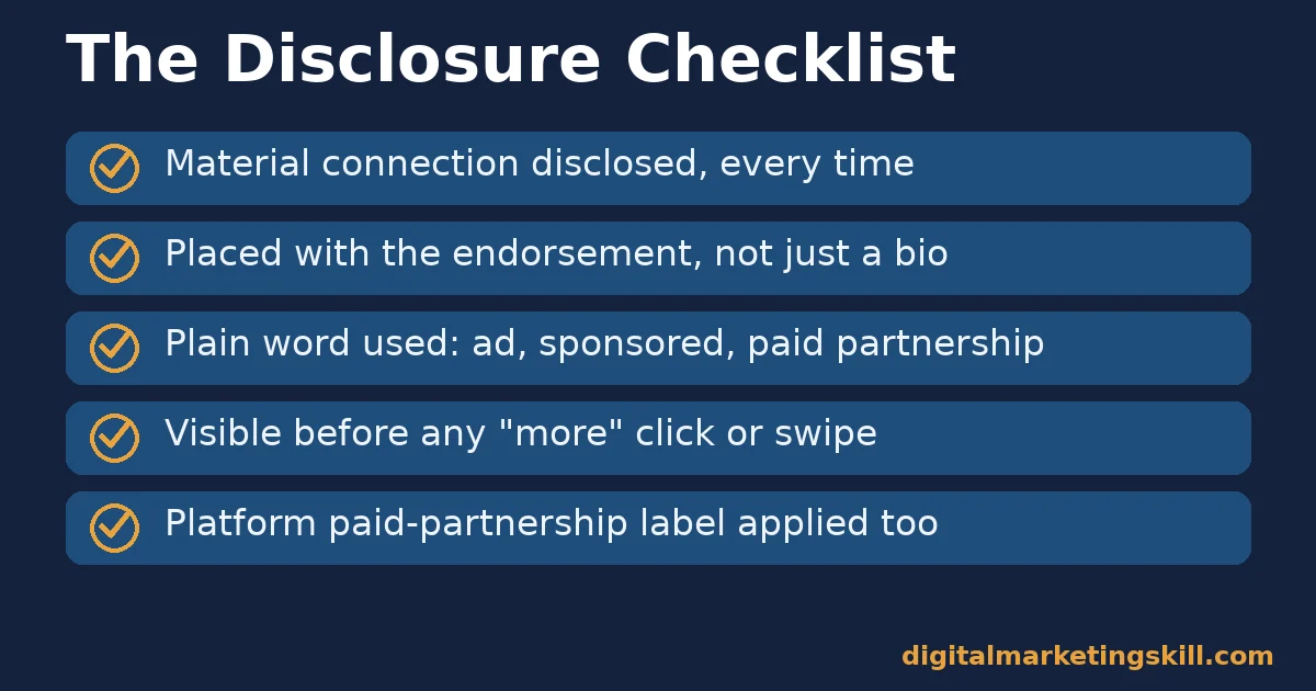 Five-point checklist for influencer marketing disclosure compliance based on FTC guidance