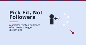Illustration for influencer marketing showing a creator figure passing a trust seal to a cluster of white audience dots, with one crimson dot representing a mismatched pick