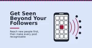 Instagram brand awareness shown as a phone grid with one red post sending ripples out to new people beyond the screen