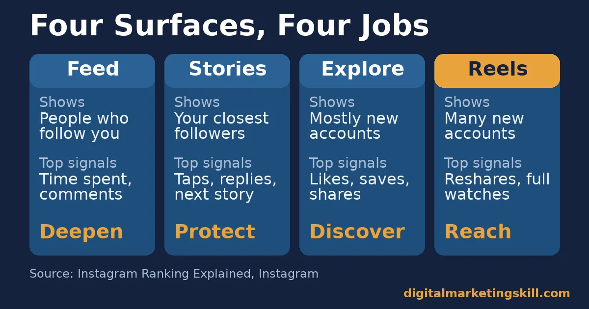Instagram brand awareness comparison of Feed, Stories, Explore and Reels: who each shows, its top signals and its awareness job