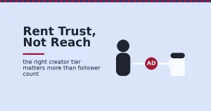 Instagram influencer marketing illustrated as trust passing from a creator through a visible AD disclosure stamp to a brand