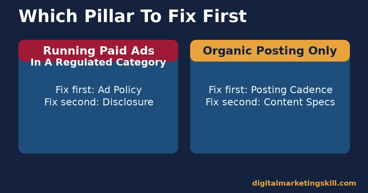 Decision chart showing which pillar of Instagram marketing guidelines to fix first by business situation