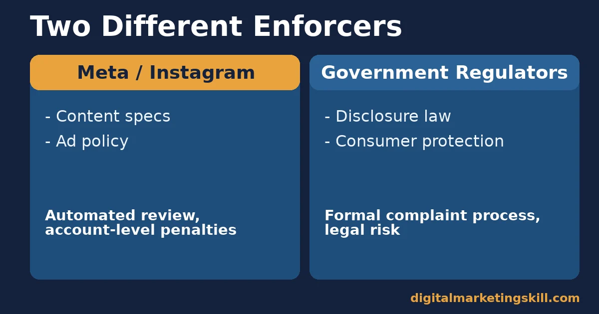 Chart comparing Meta and government regulators as the two enforcers behind Instagram marketing guidelines
