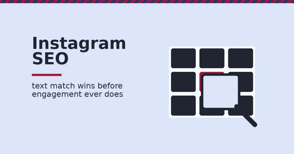 Instagram SEO shown as a magnifying glass over a grid of posts with one post highlighted in crimson