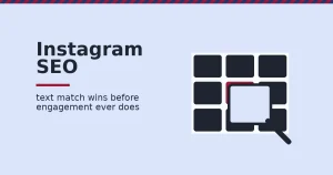 Instagram SEO shown as a magnifying glass over a grid of posts with one post highlighted in crimson