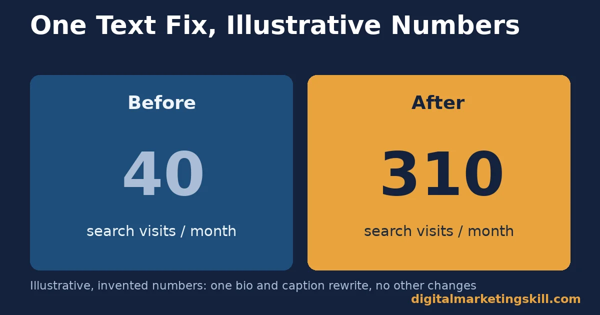 Instagram SEO before and after chart showing search visits rising from 40 to 310 a month after a bio and caption rewrite