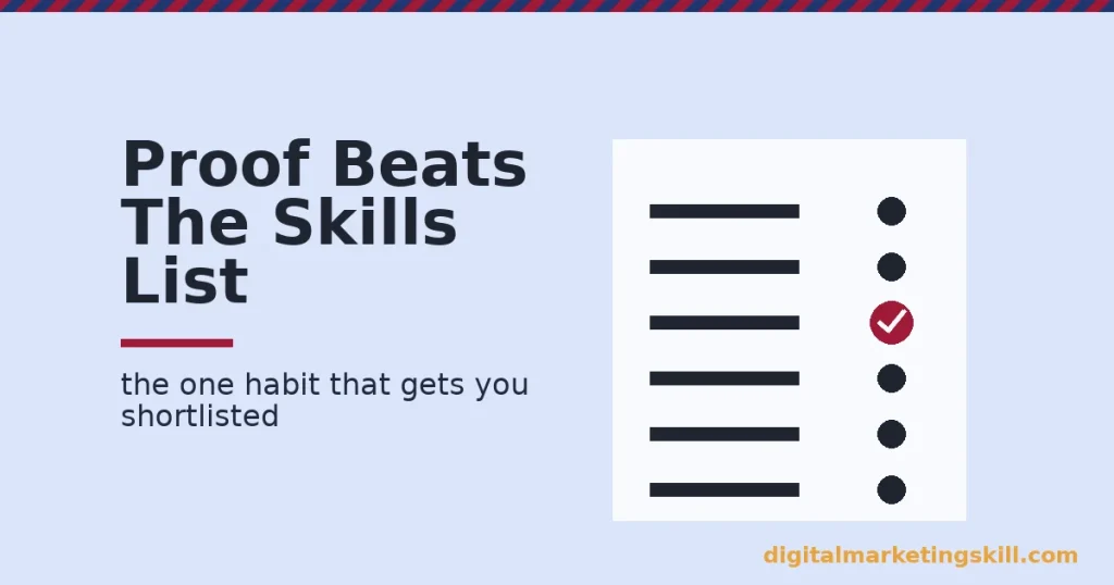 Checklist illustration for job-ready digital marketing skills showing one proven, checked skill standing out among unproven list items