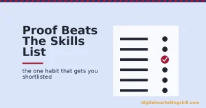 Checklist illustration for job-ready digital marketing skills showing one proven, checked skill standing out among unproven list items