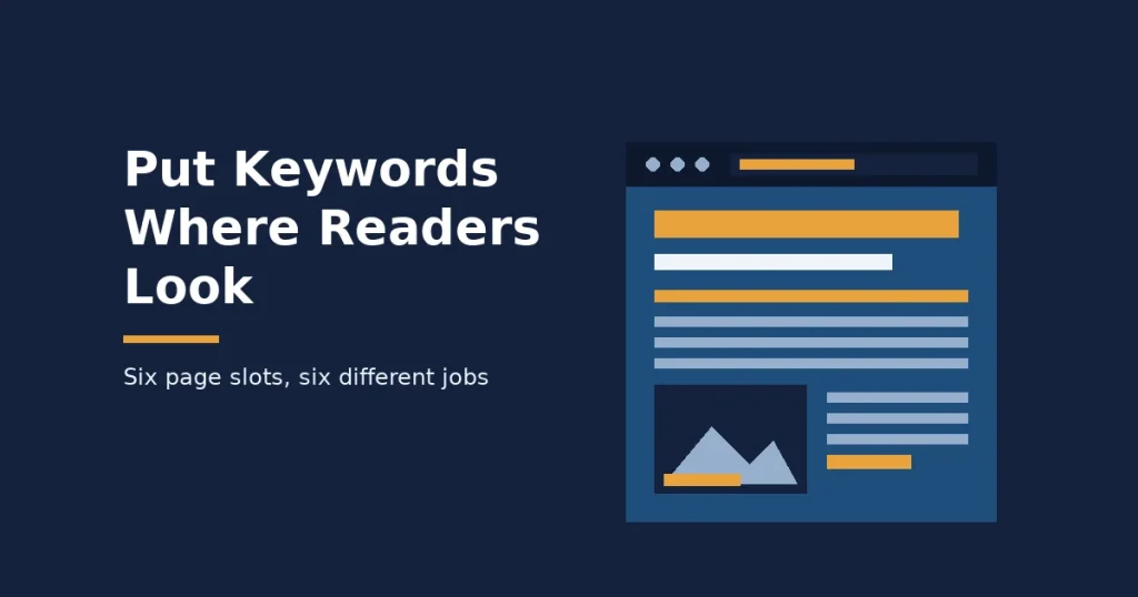 Keyword placement cover showing a web page with its title, URL, opening line, image alt text and link highlighted