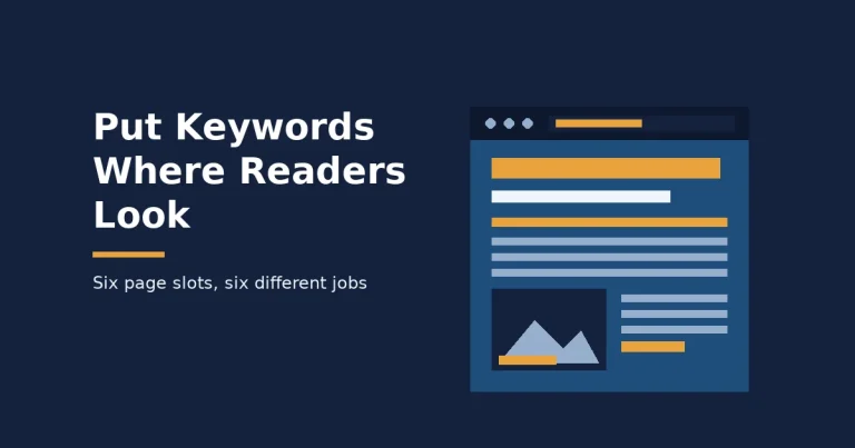 Keyword placement cover showing a web page with its title, URL, opening line, image alt text and link highlighted