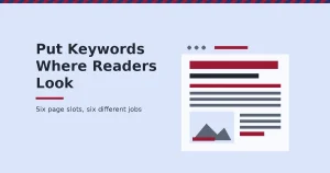 Keyword placement cover showing a web page with its title, URL, opening line, image alt text and link highlighted