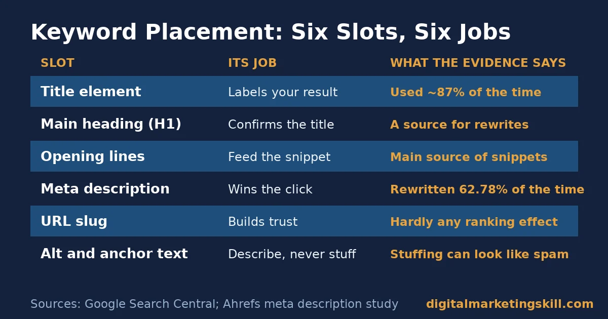 Keyword placement table of six page slots, the job each one does and what Google and Ahrefs evidence says about it