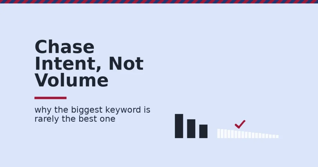 Illustration for a Keyword Planner guide showing a few tall obvious keyword bars next to a long tail of smaller keywords, with one long-tail term checked as the better target