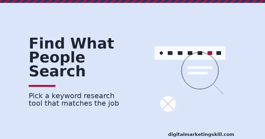 Keyword research tool graphic showing a search bar and magnifying glass
