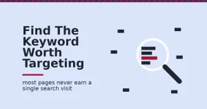 Keyword research tools shown as a magnifying lens highlighting one crimson keyword tag among scattered dark keyword tags
