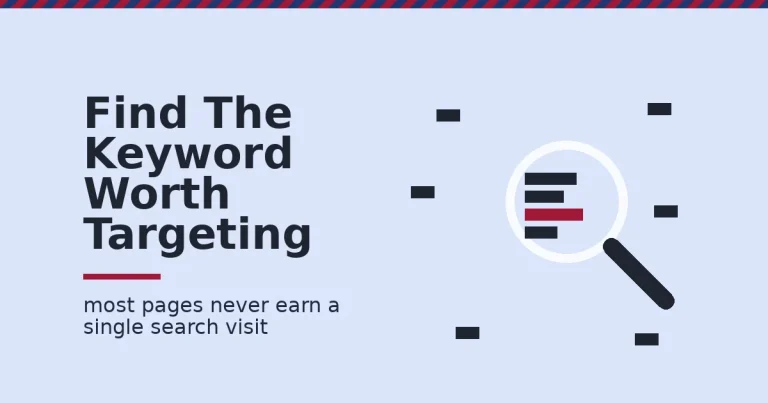 Keyword research tools shown as a magnifying lens highlighting one crimson keyword tag among scattered dark keyword tags