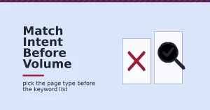 Illustration for a keyword strategy guide showing a magnifying glass with a check mark over a matched intent card, and a red X over a mismatched one